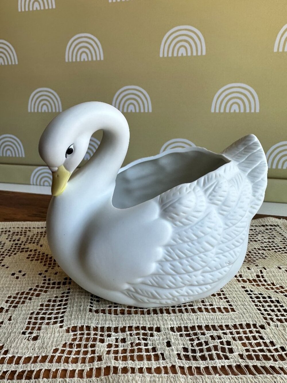 Vintage HOMCO 1402 White Bisque Porcelain Swan Planter Vase Cottagecore Decor
